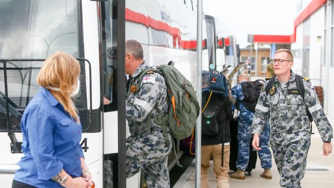 Australian Defence Force personnel arrive in Wynyard to provide specialist medical support to the Australian medical assistance team at the North West Regional Hospital in Burnie. Picture: PATRICK GEE