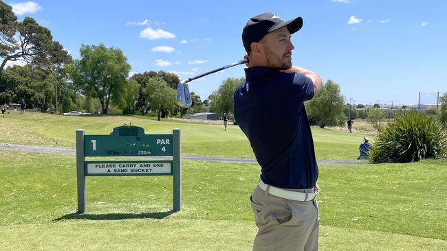 Devon Smith in action on the first tee at Mt Derrimut Golf and Community Club. Picture: Max Hatzoglou