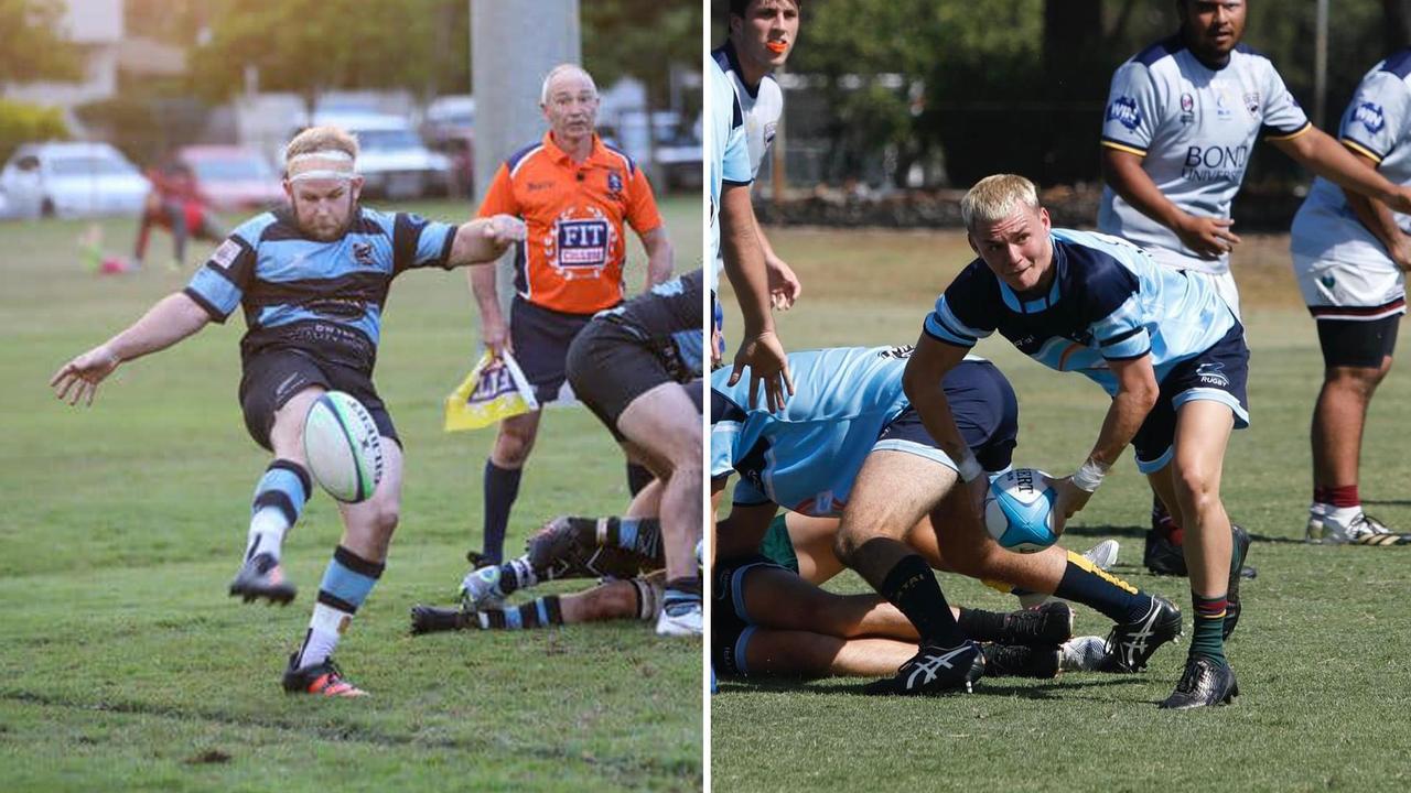 Maroochydore Swans players Shane Wright and Lochie Stewart in action.