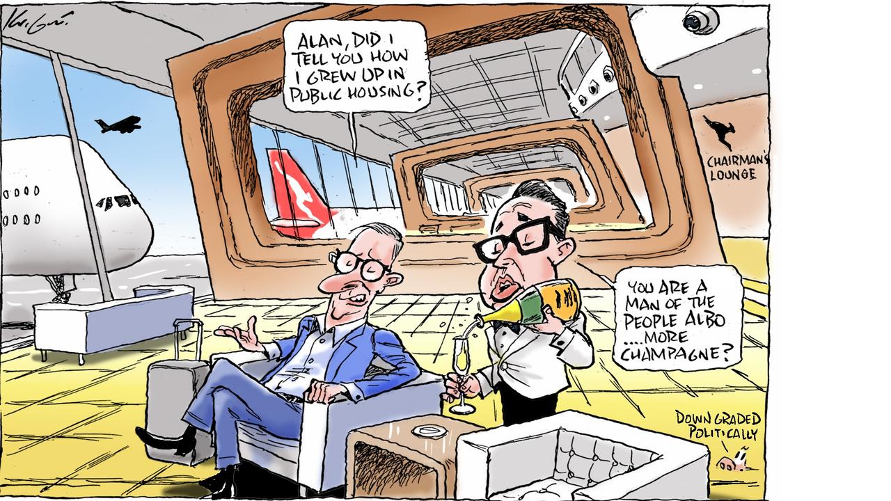 Prime Minister Anthony Albanese might have enjoyed generous Qantas upgrades but he could be downgraded politically for pursuing VIP treatment among Australians enduring the cost of living crisis, as suggested in Mark Knight's news cartoon. Picture: Mark Knight