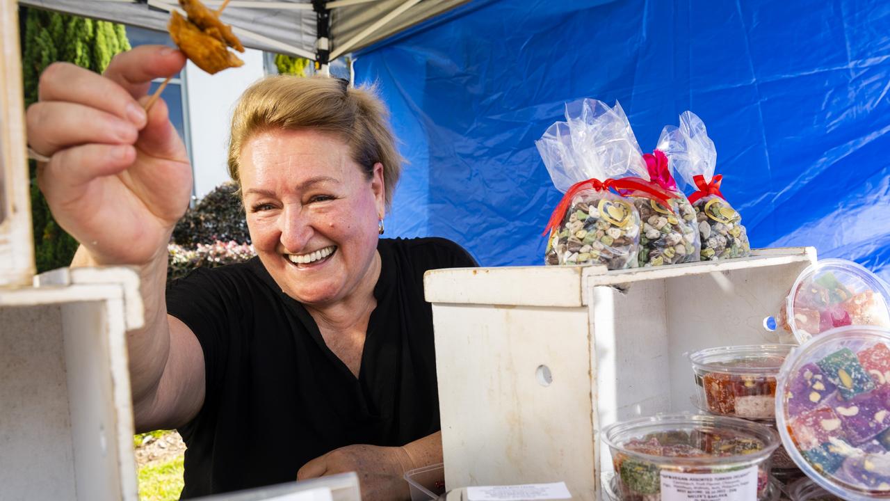 Melek Onugoren boasts she has the best baklava in Queensland at her Melek's Baklava and More stall at Locals 4 Locals summer edition on the lawn of Empire Theatres, Friday, February 18, 2022. Picture: Kevin Farmer