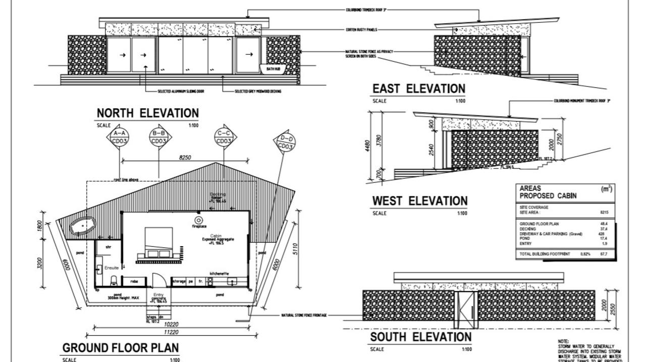 Each cabin will have one bedroom, a kitchenette, ensuite, outdoor bathtub, open living area with a fireplace, and a deck area. Photo: via SDRC