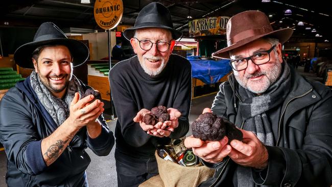 Matteo Tine, truffle man Nigel Wood and Guy Grossi will be at this year’s Truffle Melbourne festival at Queen Vic Market on July 10-11. Picture: Jake Nowakowski