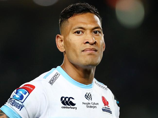 AUCKLAND, NEW ZEALAND - APRIL 06: Israel Folau of the Waratahs looks on during the round 8 Super Rugby match between the Blues and Waratahs at Eden Park on April 06, 2019 in Auckland, New Zealand. (Photo by Anthony Au-Yeung/Getty Images)