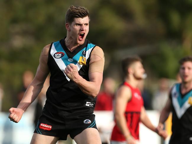 St Mary’s Nicholas Daisley celebrates a goal in the last quarter of this year’s NFL Division 3 grand final. Picture: Hamish Blair