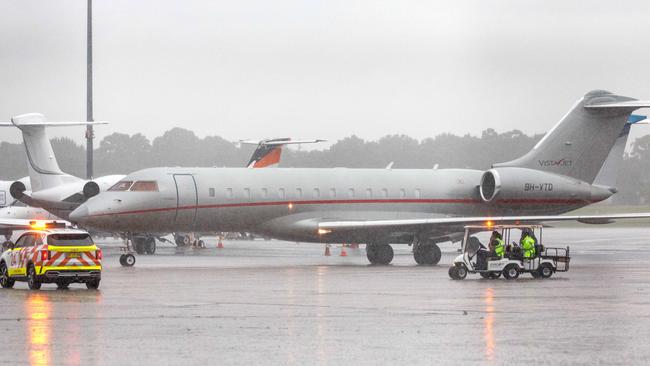 Taylor Swift‘s jet arrives at Sydney airport in heavy rain. Picture: NCA NewsWire / David Swift