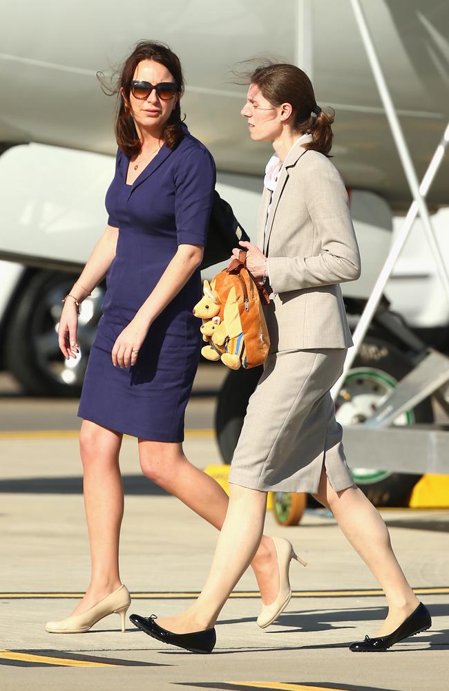 Private Secretary to the Duchess of Cambridge Rebecca Deacon (left) with Maria Borrallo arrive at Sydney Airport in 2014. Picture: Ryan Pierse/Getty 