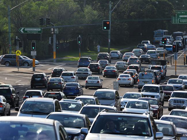 Morning peak hour traffic congestion at the on Warringah Rd in Frenchs Forest.