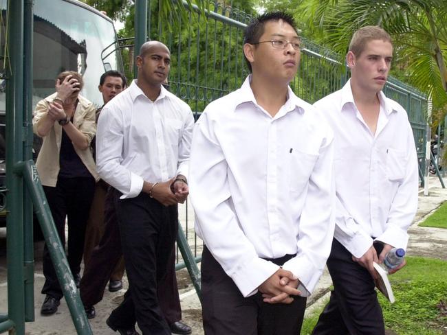 Andrew Chan, Matthew Norman, Myuran Sukumaran and Michael Czugaj arrive in the Denpasar court district in Bali in 2005. Picture: AP