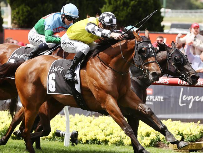 MELBOURNE , AUSTRALIA. October 28, 2023.  Cox Plate day at Moonee Valley .  Race 5. The Crystal Mile.  Prowess ridden by Mark Zahra (6) storms home to win the mile    . Pic: Michael Klein