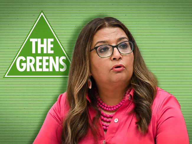 17 July 2024; Photo comp of Mehreen Faruqi with The Greens logo behind her. Collage by Frank Ling. Ratio 4:3.