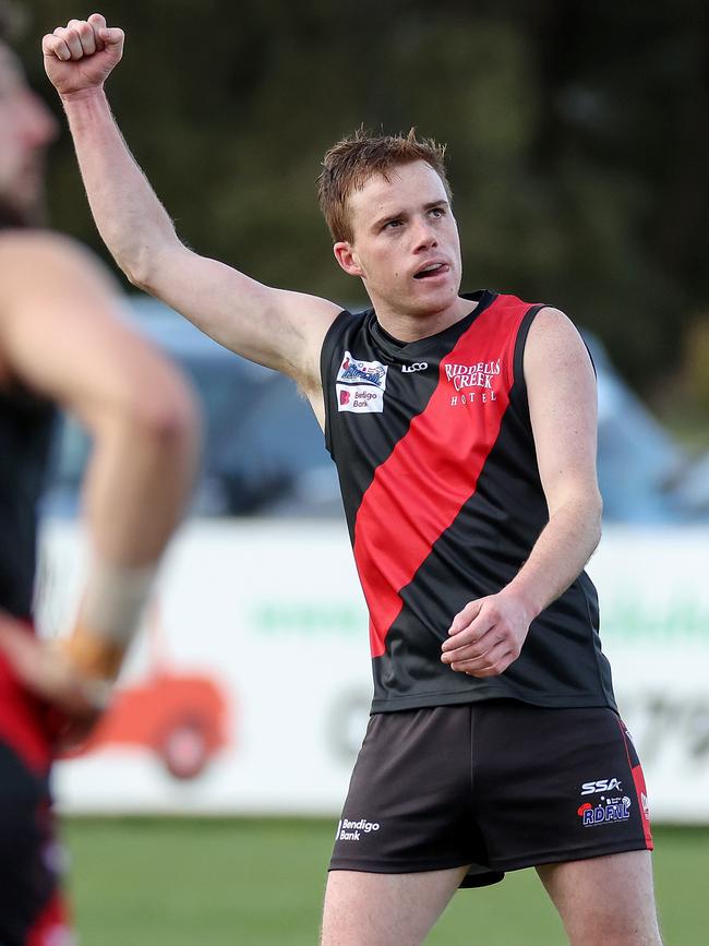 Tommy Alkemade celebrates a goal for Riddell. Picture: George Sal