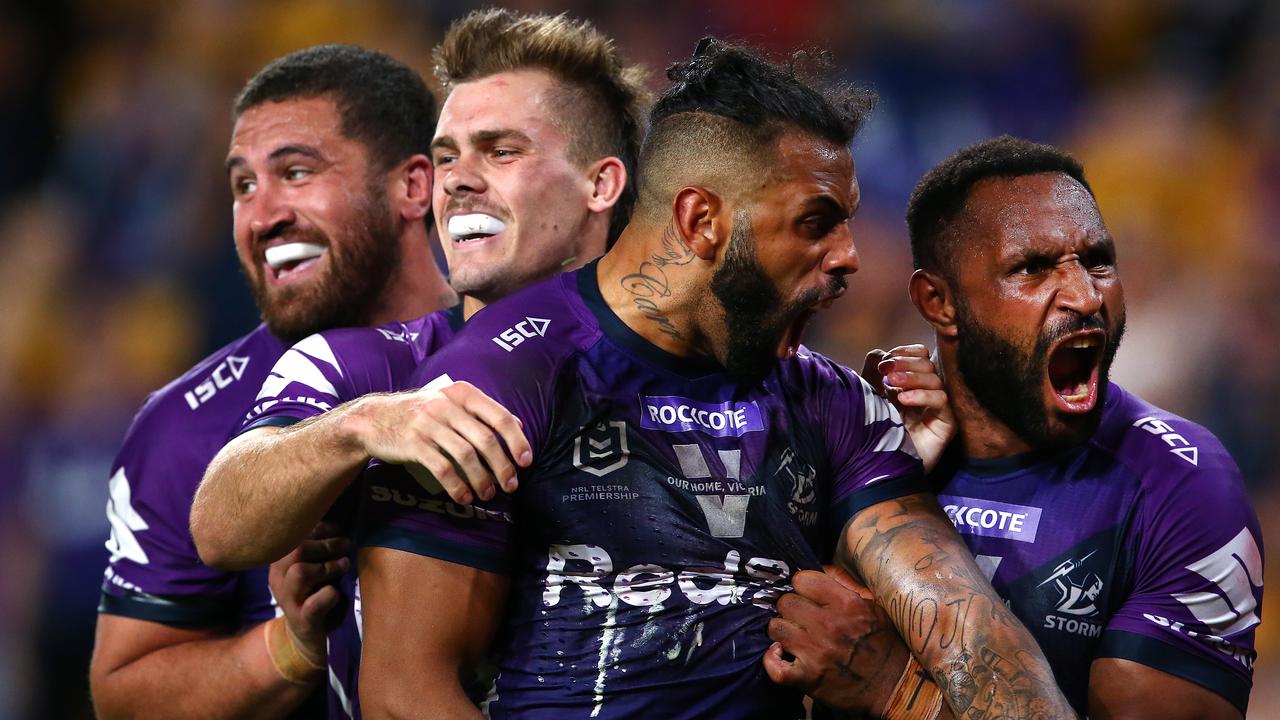 Ryan Papaenhuyzen and Josh Addo-Carr of the Storm celebrate.