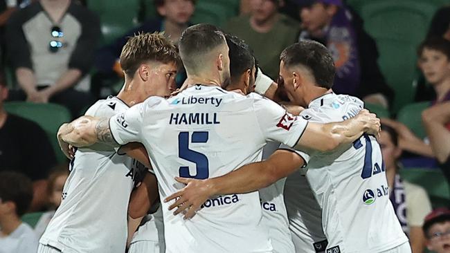 PERTH, AUSTRALIA - FEBRUARY 01: The Victory celebrates after scoring a goal during the round 17 A-League Men match between Perth Glory and Melbourne Victory at HBF Park, on February 01, 2025, in Perth, Australia. (Photo by Will Russell/Getty Images)