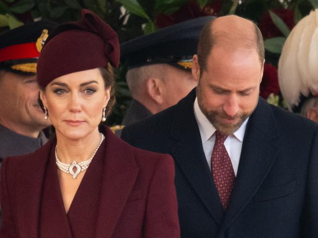 LONDON, ENGLAND - DECEMBER 03: Catherine, Princess of Wales and Prince William, Prince of Wales attend the Ceremonial Welcome at Horse Guards Parade during day one of The Amir of the State of Qatar's visit to the United Kingdom on December 03, 2024 in London, England. His Highness Sheikh Tamim bin Hamad Al Thani, Amir of the State of Qatar, accompanied by Her Highness Sheikha Jawaher bint Hamad bin Suhaim Al Thani, will hold several engagements with The Prince and Princess of Wales, The King and Queen as well as political figures. (Photo by Samir Hussein/WireImage)