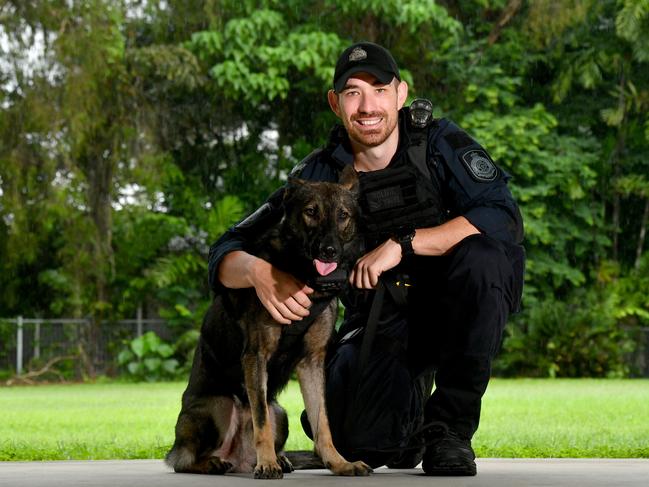 Senior Constable Liam Cooper with new General Purpose Police Dog Blitz. Picture: Evan Morgan