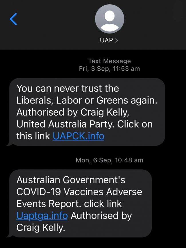 Text Message sent and authorised by Craig Kelly