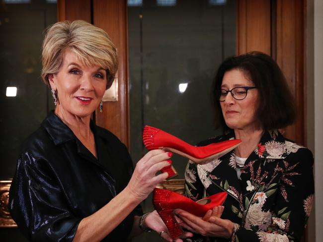 Julie Bishop donating to Museum of Australian Democracy a pair of red satin block heels that she wore when announcing her resignation as Foreign Minister. Picture Kym Smith