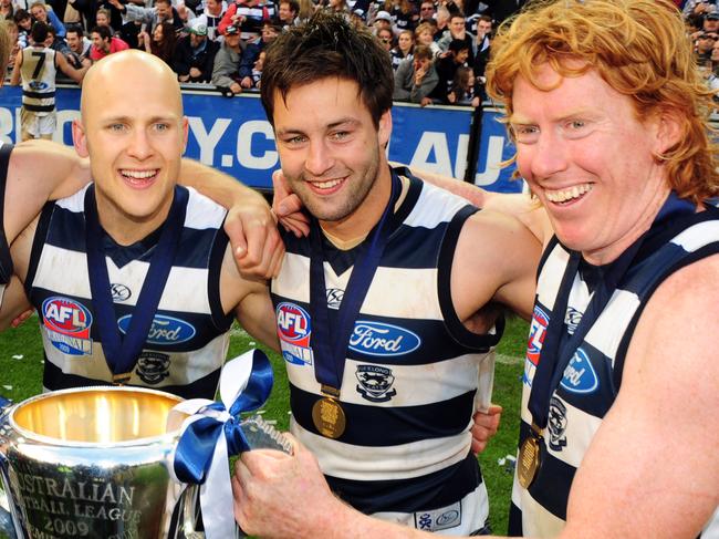 2009 Grand Final. St Kilda v Geelong. MCG. Joel Selwood, Joel Corey, Gary Ablett Jr, Jimmy Bartel and Cameron Ling with the premiership cup