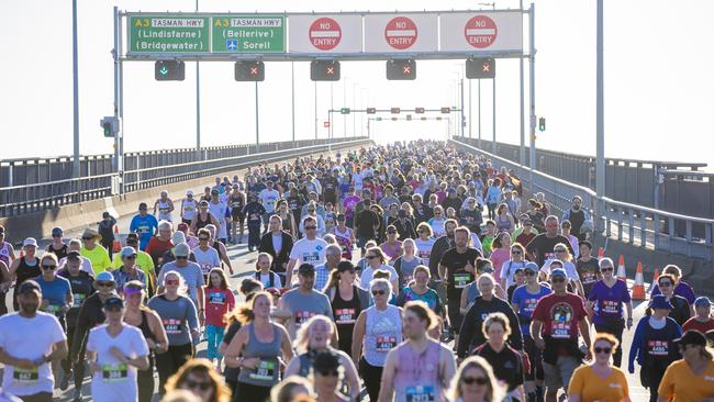 Run the Bridge Fun Run 2020 across Tasman Bridge. Picture: RICHARD JUPE