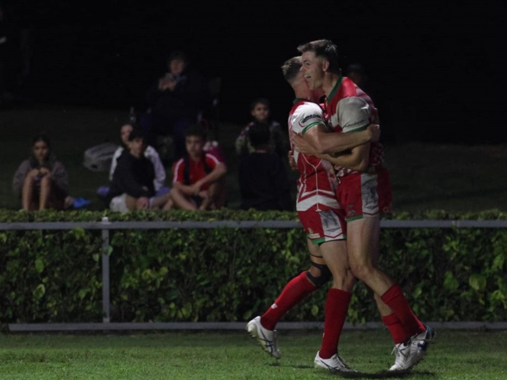 Emu Park's Trent Richardson celebrates after scoring one of his two tries in the win over Rockhampton Brothers. Photo: Leeann Booth