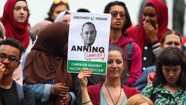 Protesters hold placards aloft as they march during the Stand Against Racism and Islamophobia: Fraser Anning Resign! rally on March 19. Today, Victorian parliament passed motions condemning Senator Anning and calling for his resignation. Picture: Scott Barbour/Getty