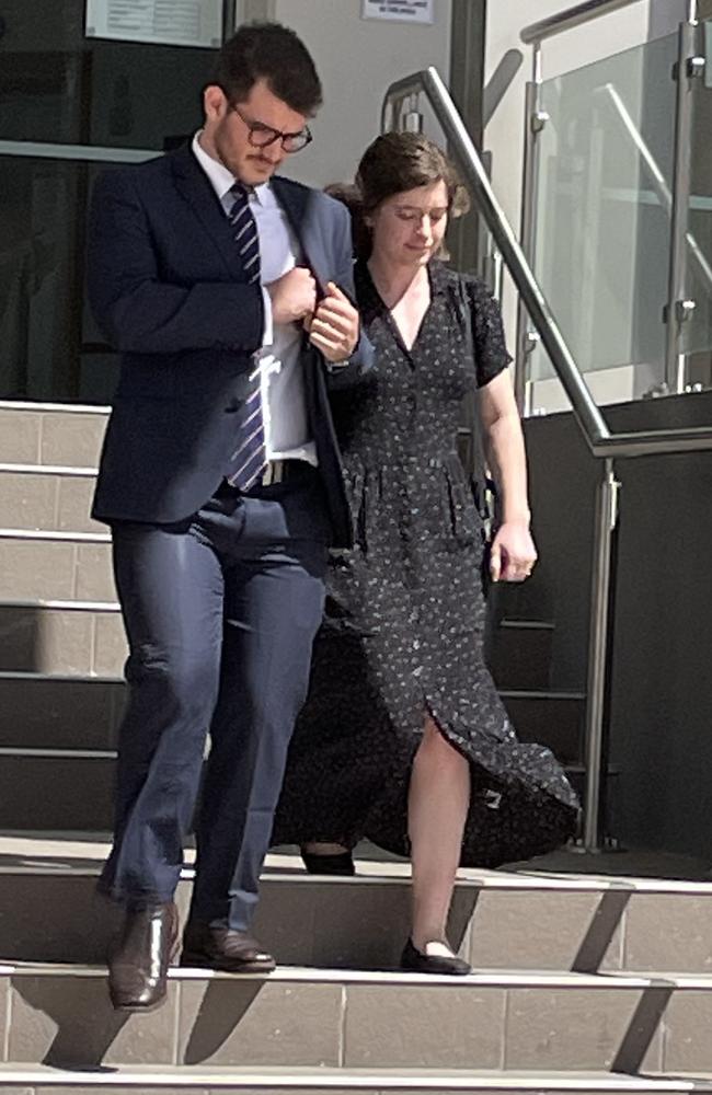 Nathanael Patson's high school friend Joshua Morgan and Nathanael's fiancee Sarah Morgan leaving the Rockhampton court house after Lochie John Taylor was sentenced for dangerous operation of a motor vehicle causing the death of Mr Patson.