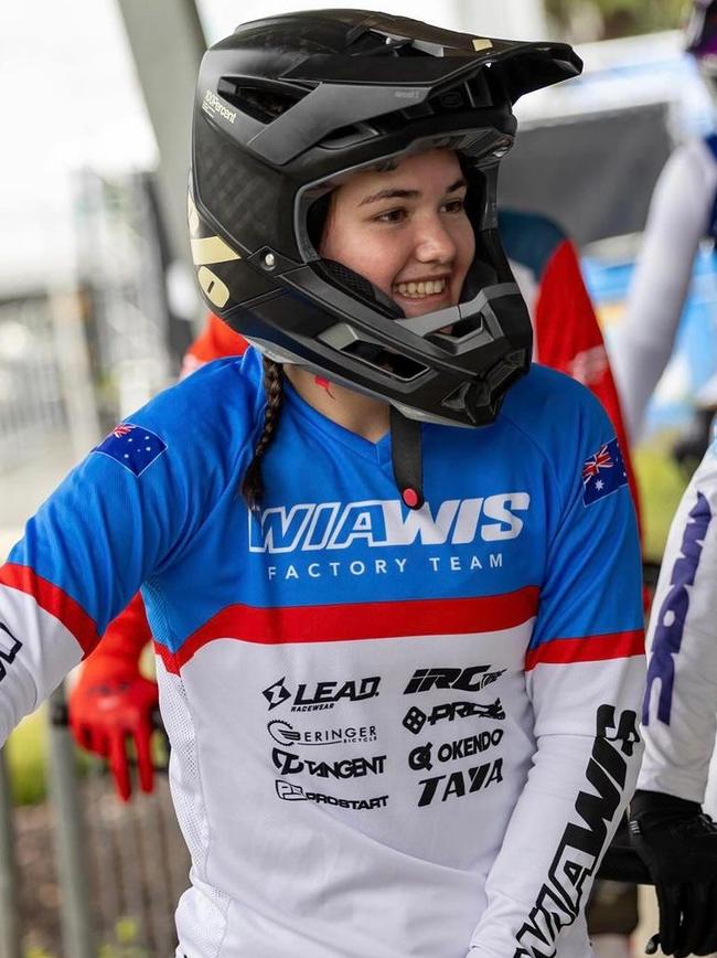 Benowa State High School Year 11 student Charli was the youngest racer to compete at the UCI BMX Racing World Cup in the under 23 category. Picture: Supplied