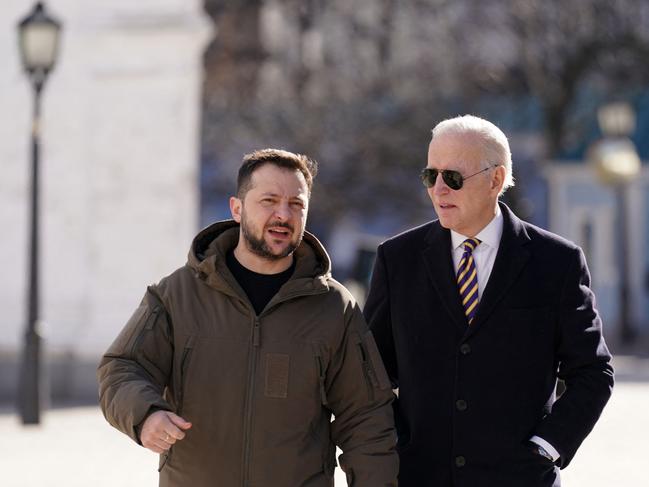 The pair walk together in Kyiv. Picture: AFP