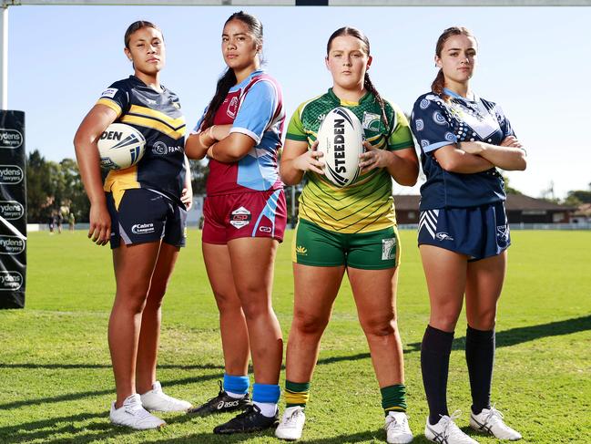 WEEKEND TELEGRAPHS SPECIAL. MARCH 16, 2023. PLEASE CONTACT WEEKEND PIC EDITOR JEFF DARMANIN BEFORE PUBLISHING.Pictured at Ringrose Park in Wentworthville today are Captains in the NRL Schoolgirls Cup, (L-R) Mya Muller from Westfields Sports High School, Tayleah Pasili from Hills Sports High School, Sophie Smith from Hunter Sports High School and Aaliyah Boland from Matraville Sports High School. Picture: Tim Hunter.