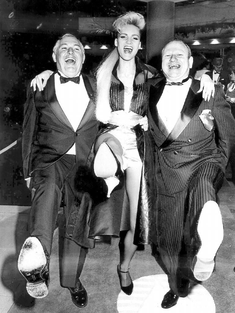 Alan Bond and Laurie Connell with singer, Jackie Love at the opening of Observation City Hotel Perth in 1987.