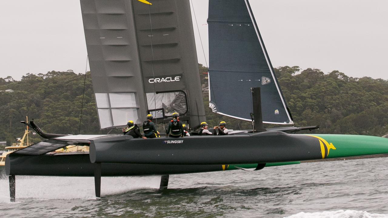 The Australian team in a Sail GP test run on Sydney Harbour. 