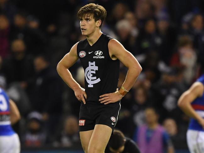 Paddy Dow of the Blues reacts after the Round 13 AFL match between the Carlton Blues and the Western Bulldogs at Marvel Stadium in Melbourne, Saturday, June 15, 2019.  (AAP Image/Julian Smith) NO ARCHIVING, EDITORIAL USE ONLY