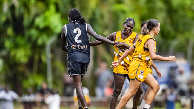 History was made as the Muluwurri Magpies beat the Tapalinga Superstars in the inaugural 2023 Tiwi Islands Football League women's grand final. Picture: Patch Clapp / AFLNT Media