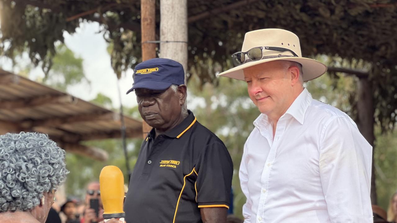 Garma Festival 2024, Gulkula, East Arnhem NT. Chairman of the Yothu Yindi Foundation Djawa Yunupingu and Prime Minister Anthony Albanese at the 2024 Garma Festival in August. Picture: Yothu Yindi Foundation/Fia Walsh.