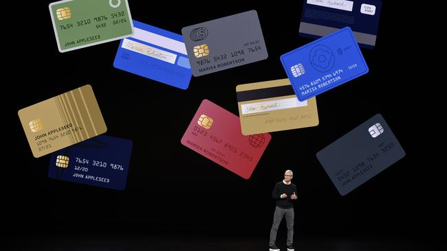 Apple chief executive Tim Cook speaks during a company product launch, including an announcement of its own credit card, called Apple Card. Picture: Getty Images / AFP