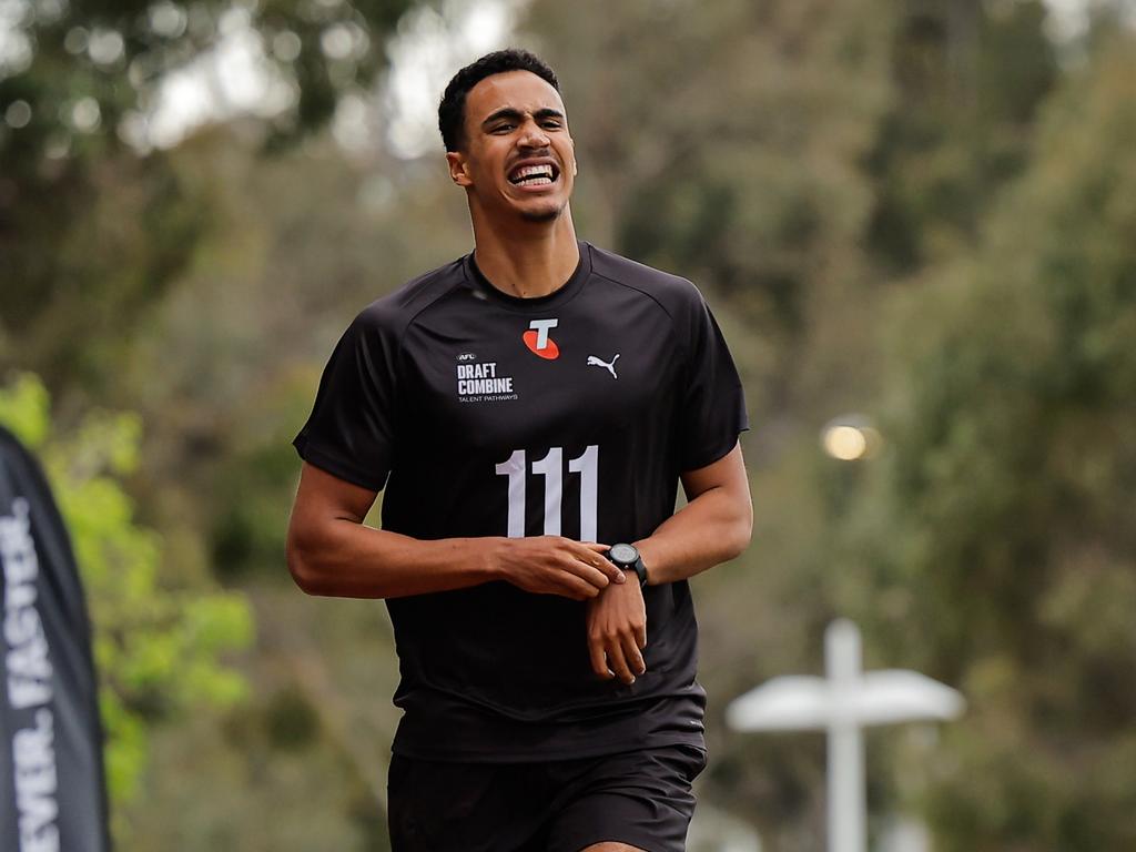 Adrian Cole runs the 2km time trial at the draft combine. Picture: Dylan Burns/AFL Photos via Getty Images