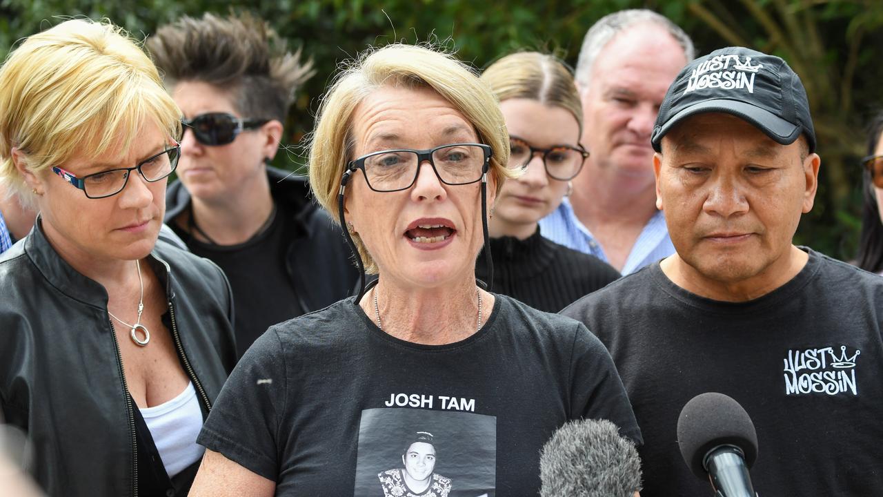 Parents Jennie Ross-King, Julie and John Tam address the media. Picture: Peter Rae/AAP