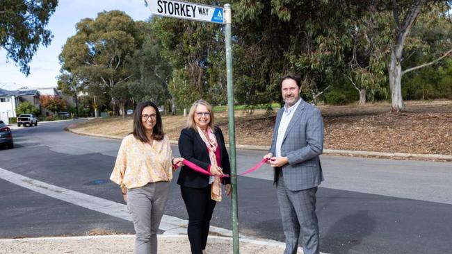 Left to Right: Mary Patetsos, presiding member, SA Housing Trust Board, Lana Storkey, wife of former trust Presiding member Gary Storkey and Michael Buchan, former chief executive, SA Housing Trust. They are pictured in April at the opening of Storkey Way in Morphettville. Picture: Supplied