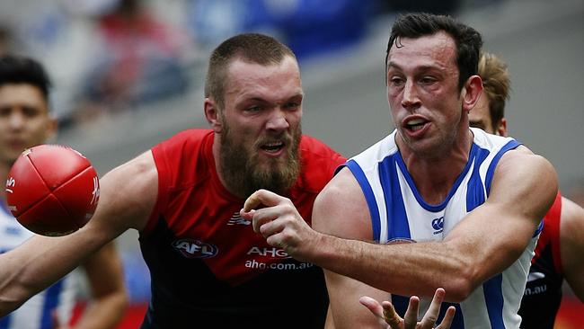 Max Gawn battles with Todd Goldstein. Picture: Wayne Ludbey