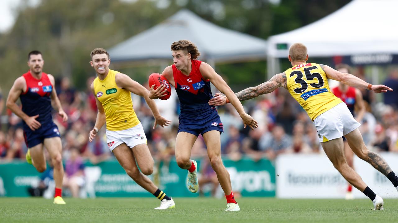 Melbourne first-round draft pick Caleb Windsor in action against Richmond in the club’s hitout against the Tigers. Picture: Michael Willson/AFL Photos via Getty Images)