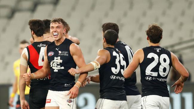 Carlton celebrate the win over Essendon. Picture: Getty Images