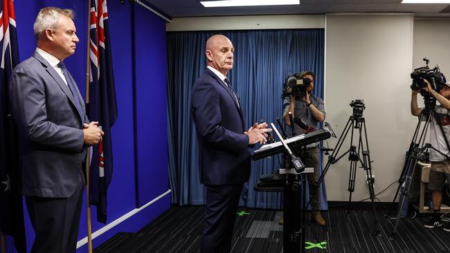 Premier Peter Gutwein alongside Deputy Premier Jeremy Rockliff as he addresses the media and announces May 1 2021 as the date for the State election. Picture: Zak Simmonds