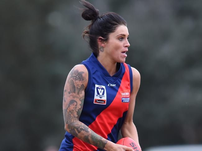 VFL (women's) football: Diamond Creek v VU Western Spurs at Plenty War Memorial Park, Plenty. Western Spurs in light blue jumpers.   No 3 for Diamond Creek Sophie Abbatangelo who goes on to goal from this passage of play. Picture: Lawrence Pinder