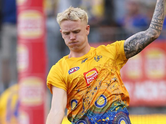 PERTH, AUSTRALIA - APRIL 18: Ryan Maric of the Eagles warms up before the round six AFL match between West Coast Eagles and Essendon Bombers at Optus Stadium, on April 18, 2025, in Perth, Australia. (Photo by Paul Kane/Getty Images)
