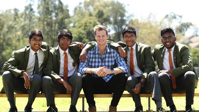 Steve Smith with Baulkham Hills High students. Picture: Brett Costello