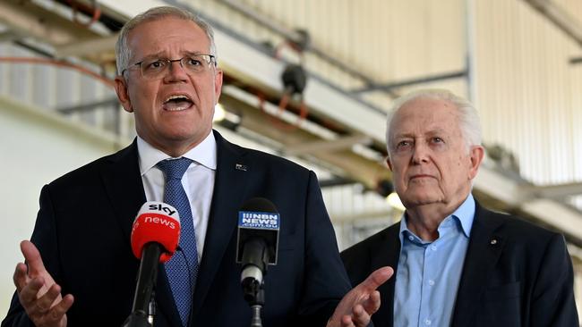 Prime Minister Scott Morrison (left) and Federal Liberal candidate for Dobell Michael Feneley in Wyong on the NSW Central Coast. Picture: AAP Image/Bianca De Marchi