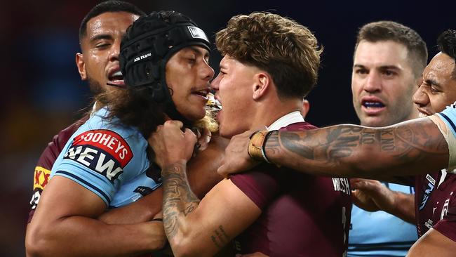 Jarome Luai and Reece Walsh clash during Origin. Picture: Chris Hyde/Getty Images