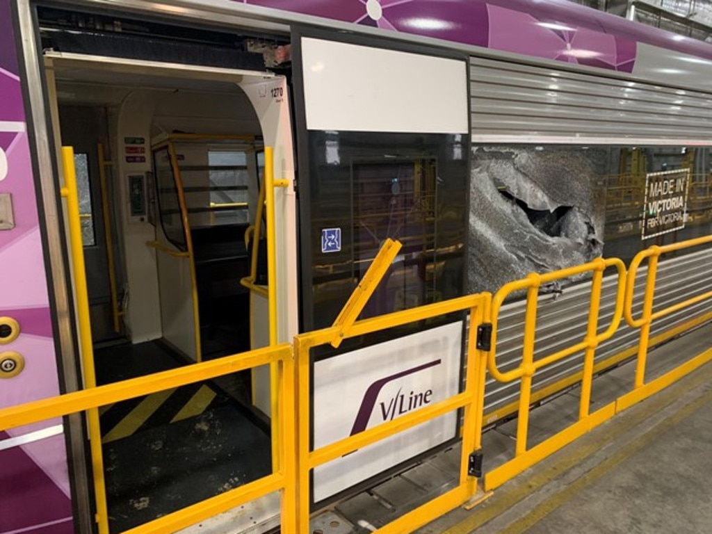 Damage caused to the passenger train after it crashed into boom gates at Ballarat railway station on May 30, 2020. Picture: Australian Transport Safety Bureau