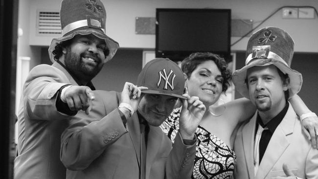 Bradley "Bruiser" Braun, Dan "The Underdog" McAleer, Jacinta "Sassy J" Price and Ash "McDee" McDonell backstage at the Sydney Global Battle of the Bands gig.